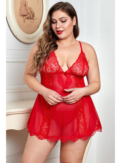Röd plus size blommig babydoll med spets topp, upp sida och fållar